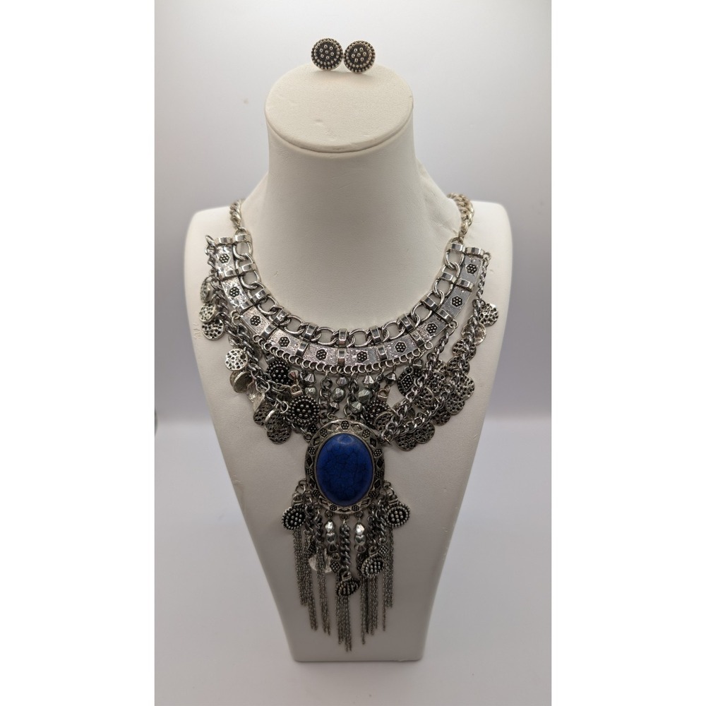 Vintage Boho Silver Statement Choker Necklace Blue Stone Tassel Earrings Set